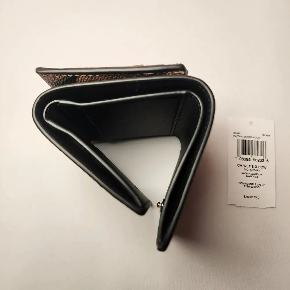NWT Coach CZ447 Card Holder Snap Wallet Signature Bow Print Khaki Black